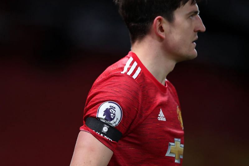 Harry Maguire with the captain's armband for Manchester United